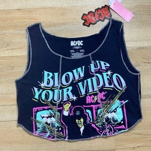 AC/DC Women's Blow Up Your Video Graphic Cropped Tank Top Blue Size L